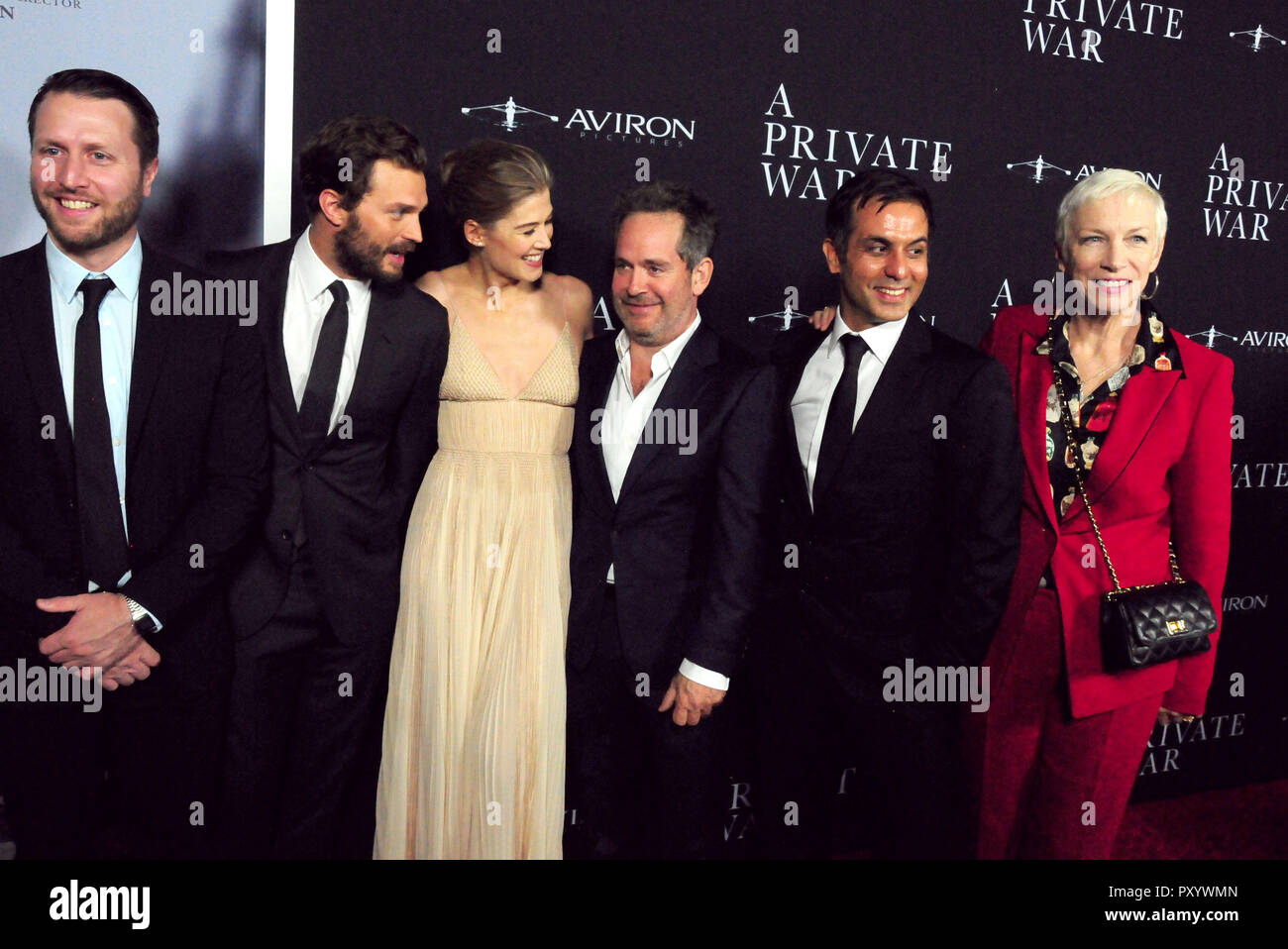 Beverly Hills, California, USA. 24th October, 2018. Director Matthew Heineman, actor Jamie Dornan, actress Rosamund Pike, actor Tom Hollander, writer Arash Amel and singer Annie Lennox attend the Los Angeles Premiere of Aviron Pictures' 'A Private War' at Samuel Goldwyn Theater in Beverly Hills, California. Photo by Barry King/Alamy Live News Stock Photo