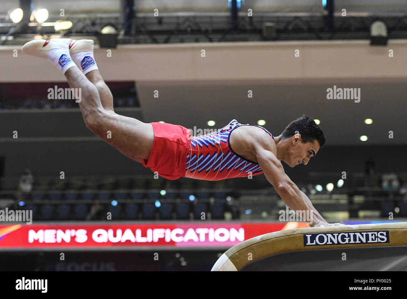 Doha, Qatar. 25th Oct, 2018. MARIAN DRAGULESCU from Romania competes on the vault during the first day of preliminary competition held at the Aspire Dome in Doha, Qatar. Credit: Amy Sanderson/ZUMA Wire/Alamy Live News Stock Photo