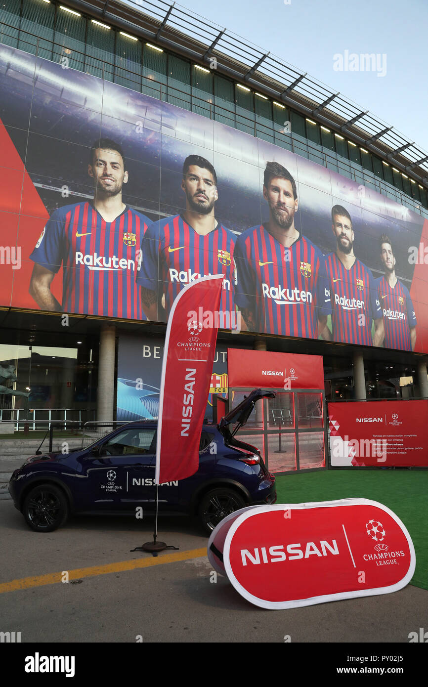Barcelona, Spain. 24th Oct, 2018. BARCELONA, SPAIN, OCTOBER 24, 2018 - The  UEFA Champions League logo and the Nissan logo (one of the official  sponsor) are seen outside the Camp Nou Stadium