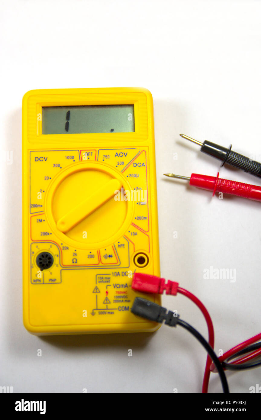 Yellow polymeter that marks 1. on the digital LCD indicating that there is no continuity in the circuit Stock Photo