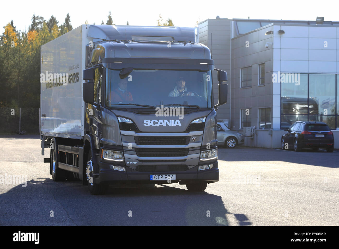 Lieto, Finland - October 19, 2018: Scania CNG/CGB gas powered P280 delivery truck test driven on Scania Urban Tour 2018 Turku. Stock Photo