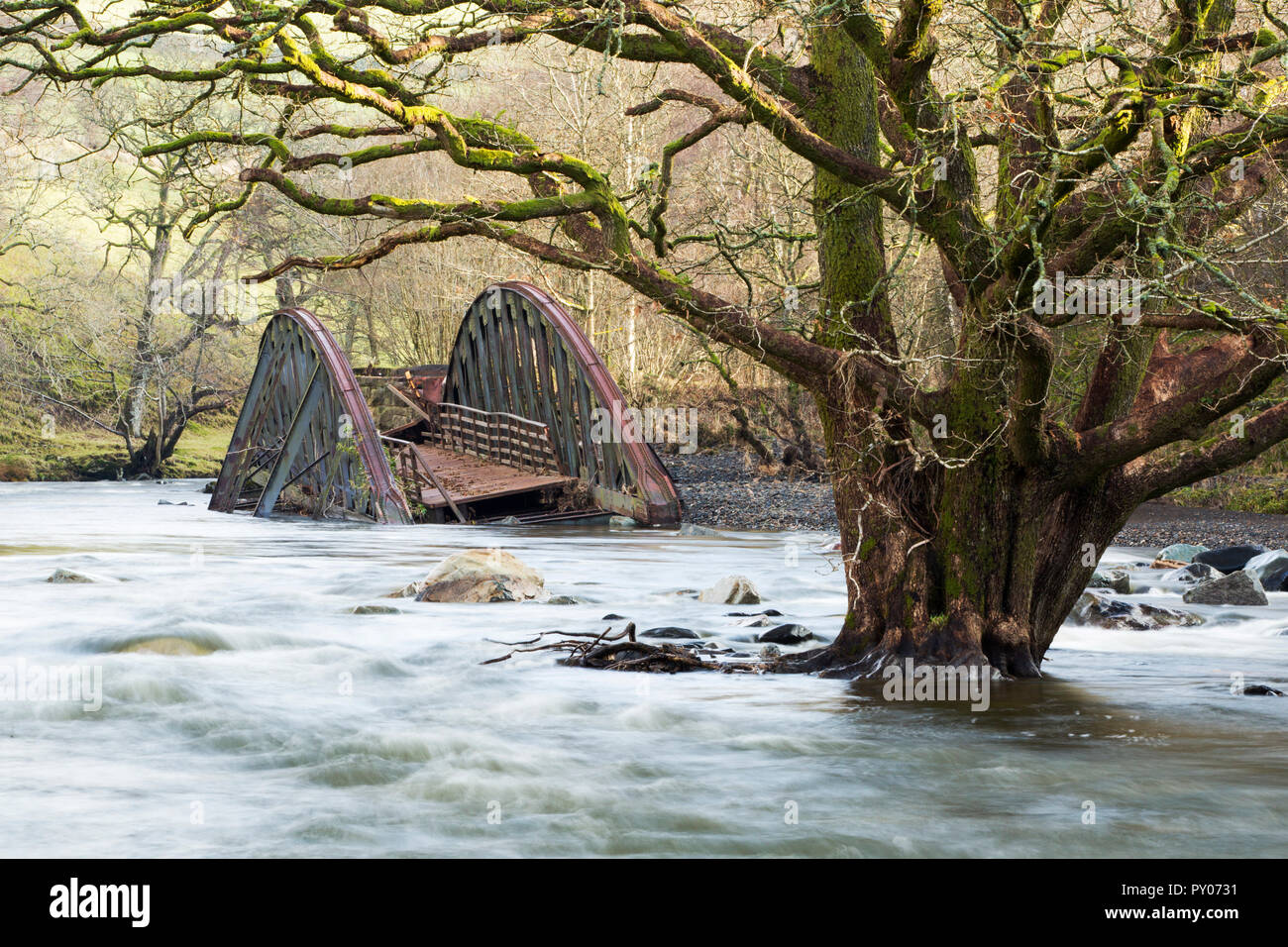 On Saturday 5th December 2015, Storm desmond crashed into the UK, producing the UK''s highest ever 24 hour rainfall total at 341.4mm. It flooded many towns including Keswick. This shots shows one of two railway bridges on the old Keswick railway line that were completely destroyed by the floods. It also shows a tree, now sat in the middle of the river, that used to be growing on the river bank. The force of water was such that it has scoured out huge areas of banking and realigned the river in places.' Stock Photo