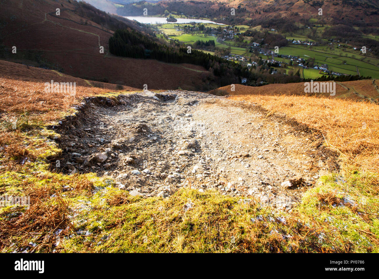 Storm Desmond wreaked havoc across Cumbria with floods and destruction. The super saturated ground failed in many places leaving landslip scars on many of the fellsides, this one is on Stone Arthur above Grasmere, Lake District, UK. Stock Photo