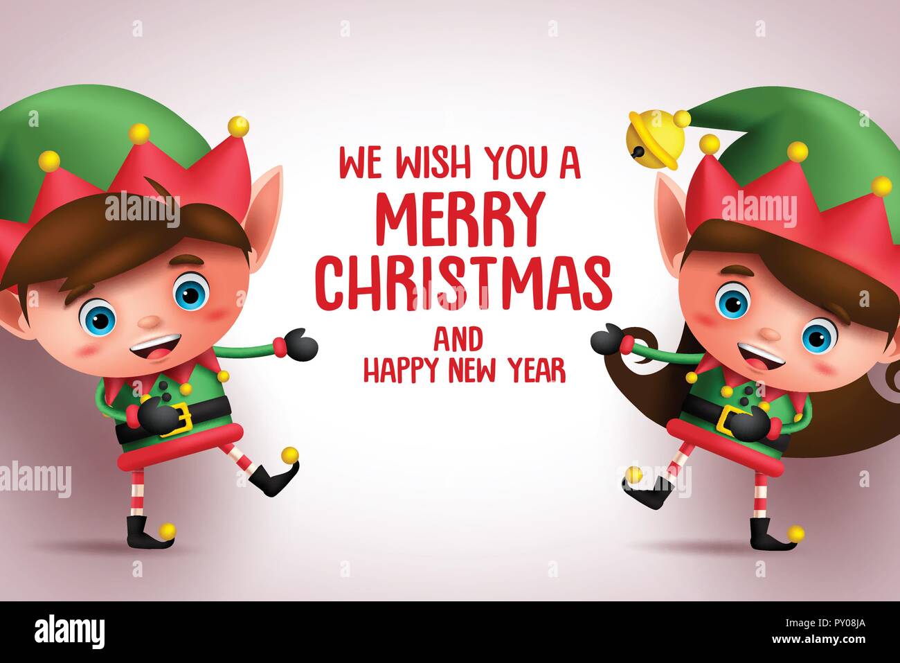 Christmas kid elves vector characters showing merry christmas greeting ...