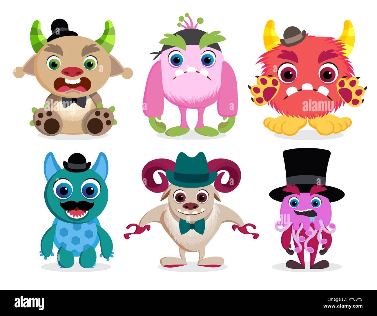 Monster characters vector set. Cute and colorful cartoon monster beast creatures with funny faces isolated in white. Vector illustration. Stock Vector