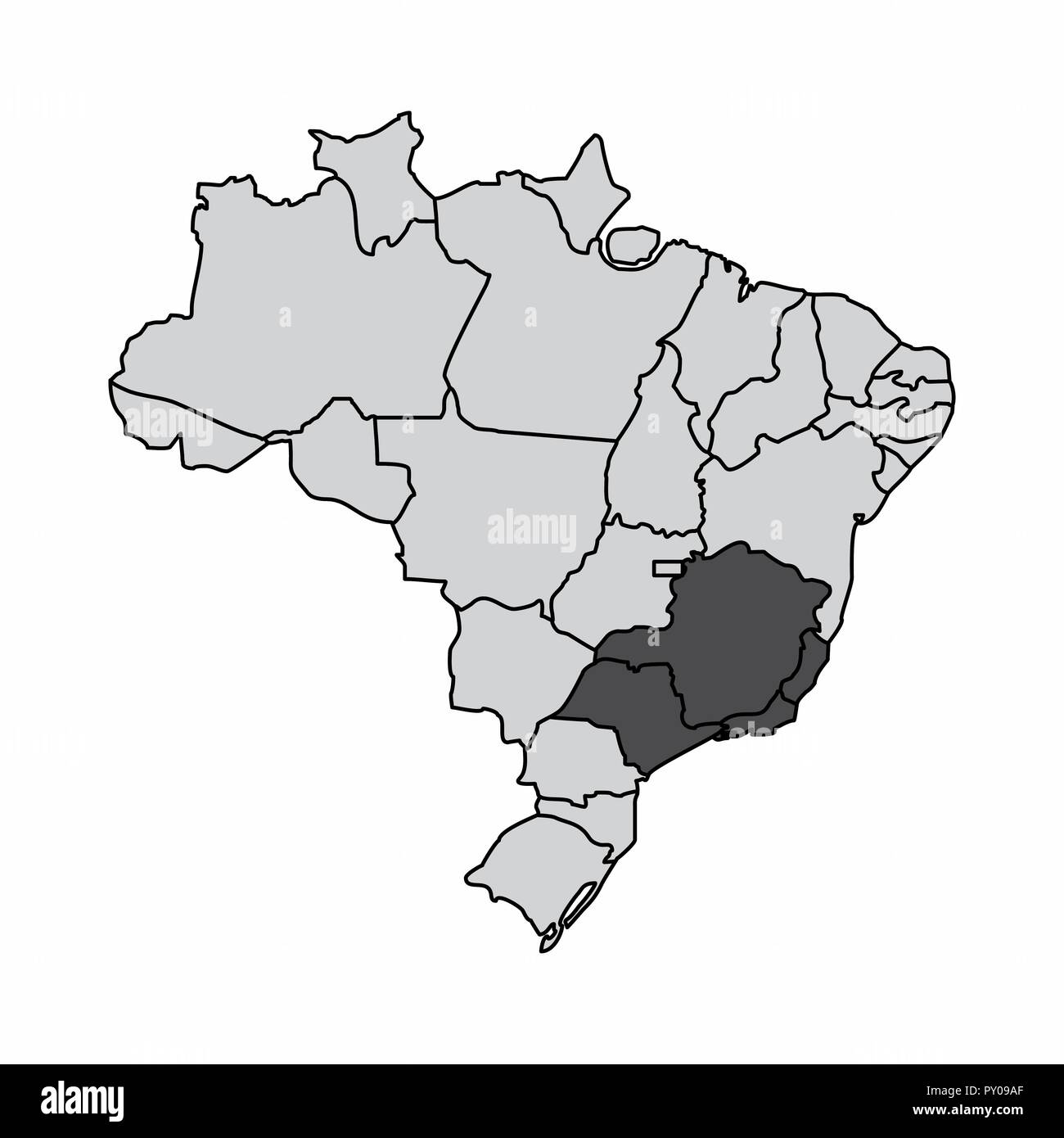 Illustration of a map of Brazil with the southeast region highlighted Stock Vector