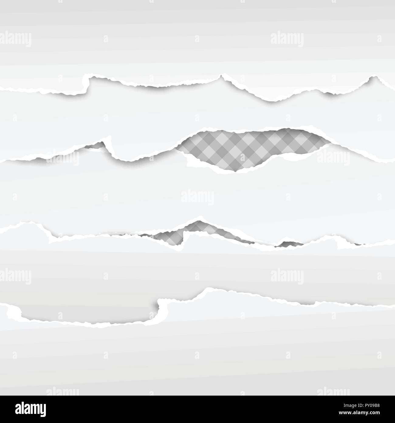 Set of white horizontal ripped paper strips, torn note paper for text ...
