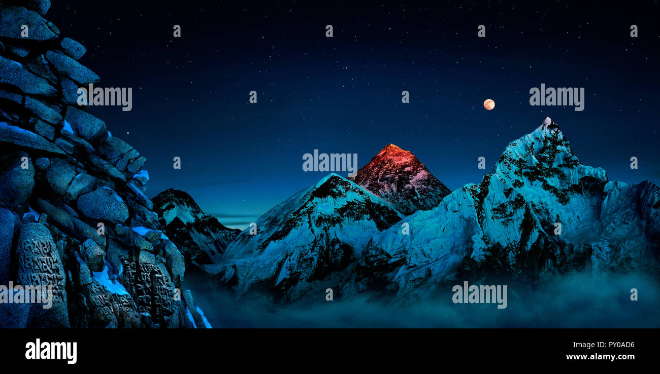 Landscape with full moon over Mount Everest, prayer wall and Mount Nuptse, Kala Pattar, Khumbu, Nepal Stock Photo