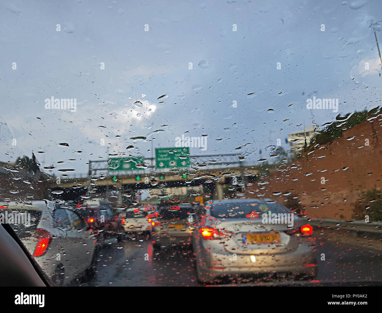 Rain in highway , Traffic in Low Visibility Condition .View from Car window  with raindrops on the glass Stock Photo - Alamy