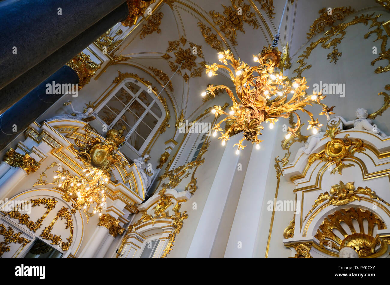 Ceiling and chandelier. The State Hermitage Museum. Saint Petersburg, Northwestern, Russia. Stock Photo
