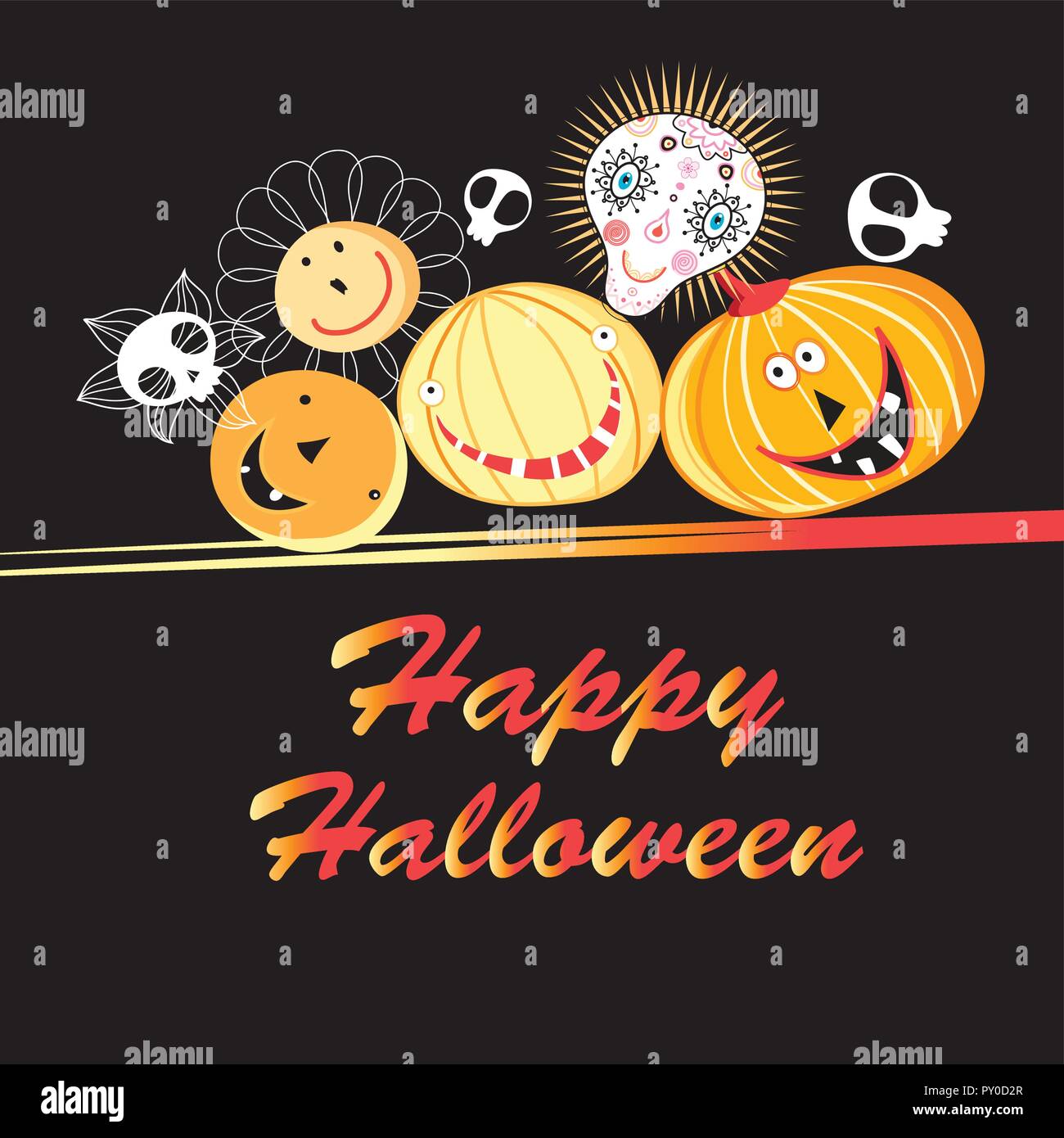 Halloween greeting card with funny pumpkins and skulls on a dark background Stock Vector