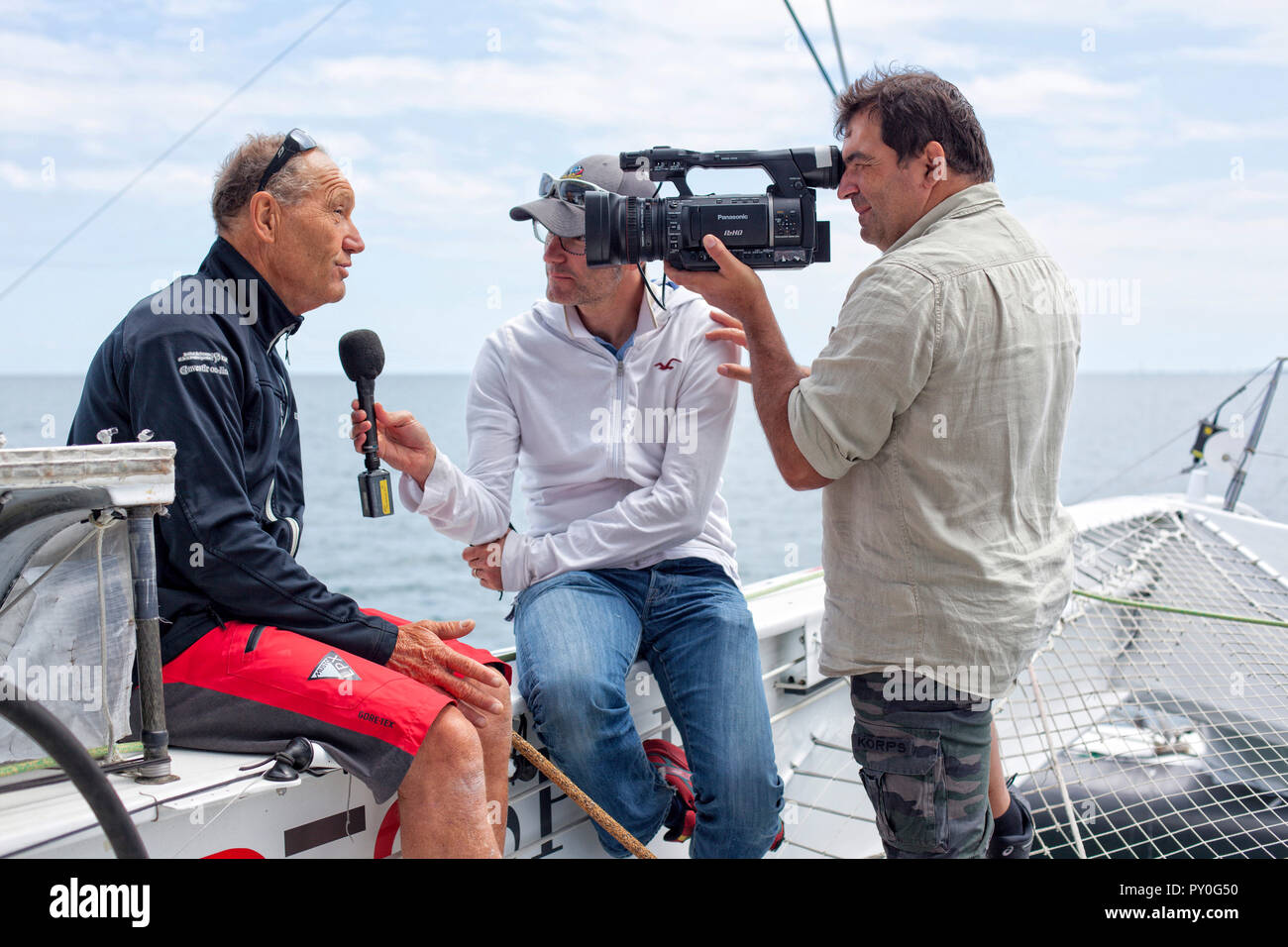 Onboard the trimaran IDEC SPORT skippered by Francis Joyon, preparing to take part in La Route du Rhum destination Guadeloupe, the fortieth edition of which starts from St. Malo on 4th November, La Trinite-sur-Mer, Brittany, France Stock Photo