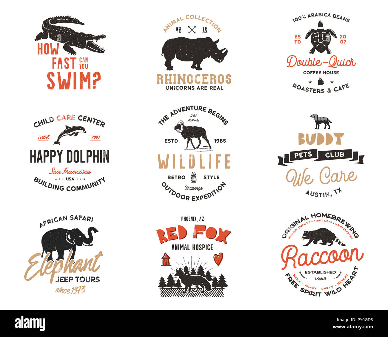 Wild animal Badges set and great outdoors activity insignias. Retro  illustration of animal badges. Typographic camping style. wild Animal logos  with letterpress effect. Explorer quotes. Part 2 Stock Photo - Alamy