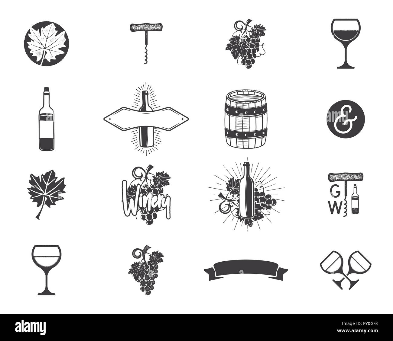 Wine production icons set. Winery, wine shop, vineyards badges
