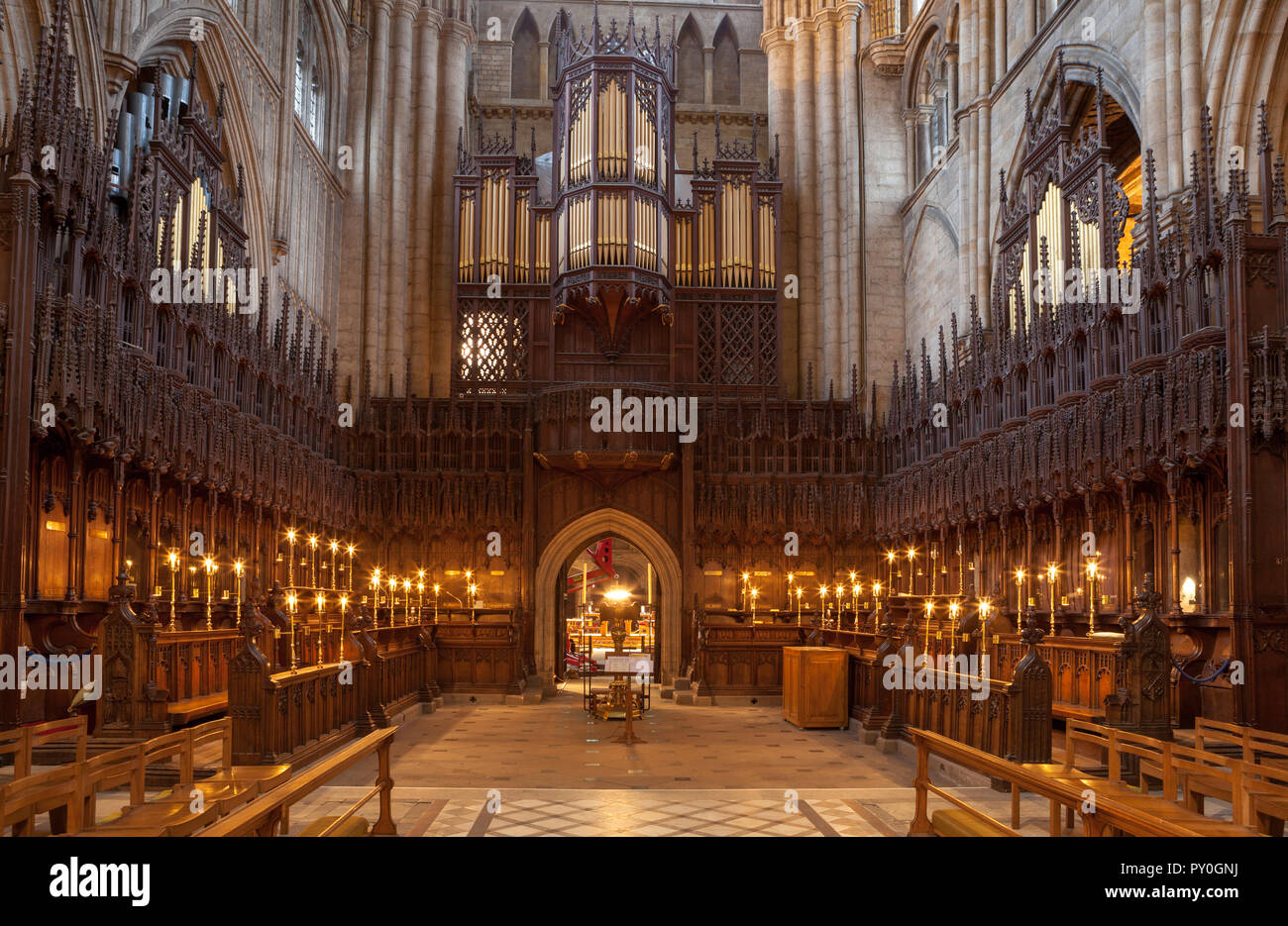 The carved wooden choir of Ripon Cathedral in North Yorkshire Stock Photo