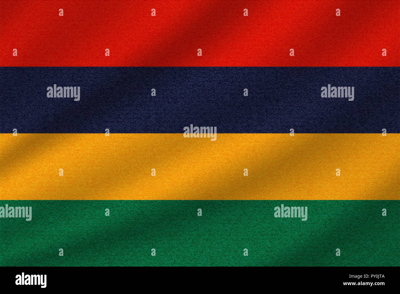 national flag of Mauritius on wavy cotton fabric. Realistic vector illustration. Stock Vector