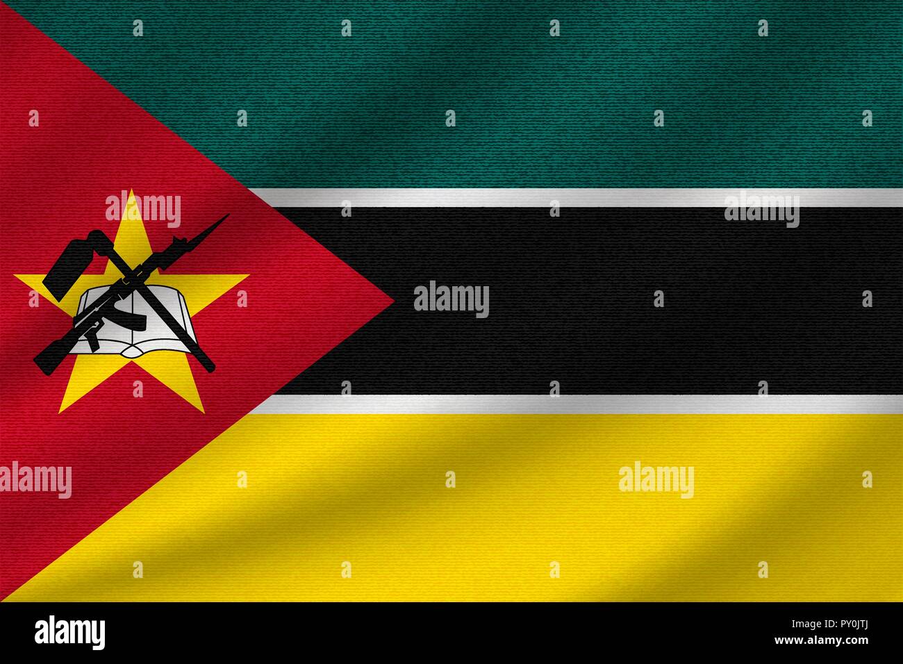 national flag of Mozambique on wavy cotton fabric. Realistic vector ...