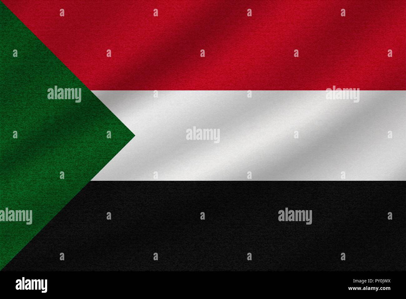 national flag of Sudan on wavy cotton fabric. Realistic vector illustration. Stock Vector