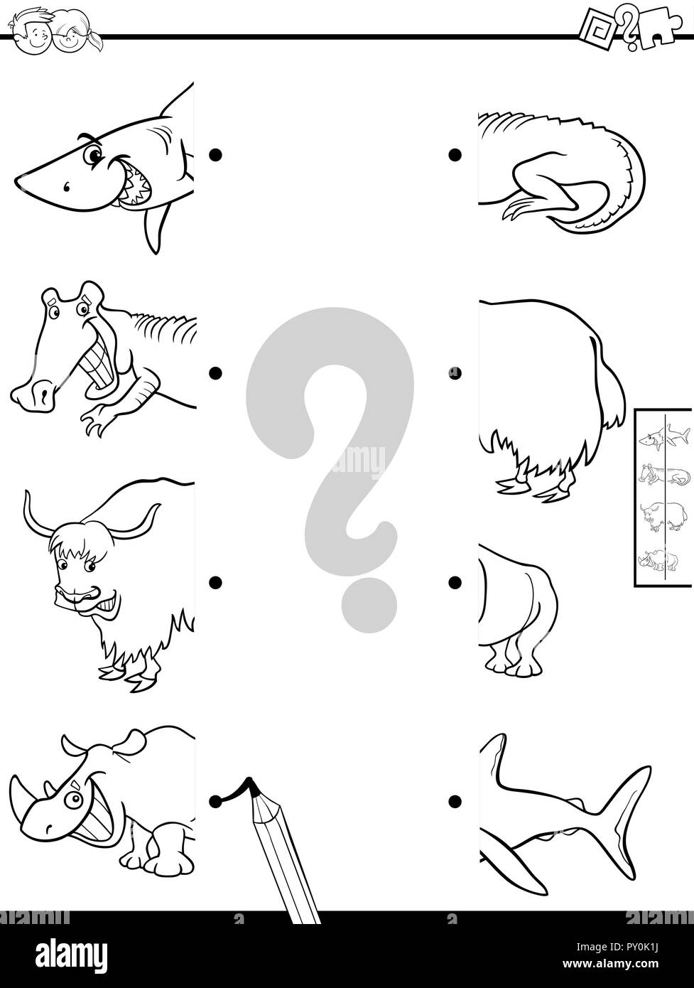 Black and White Cartoon Illustration of Educational Game of Matching ...