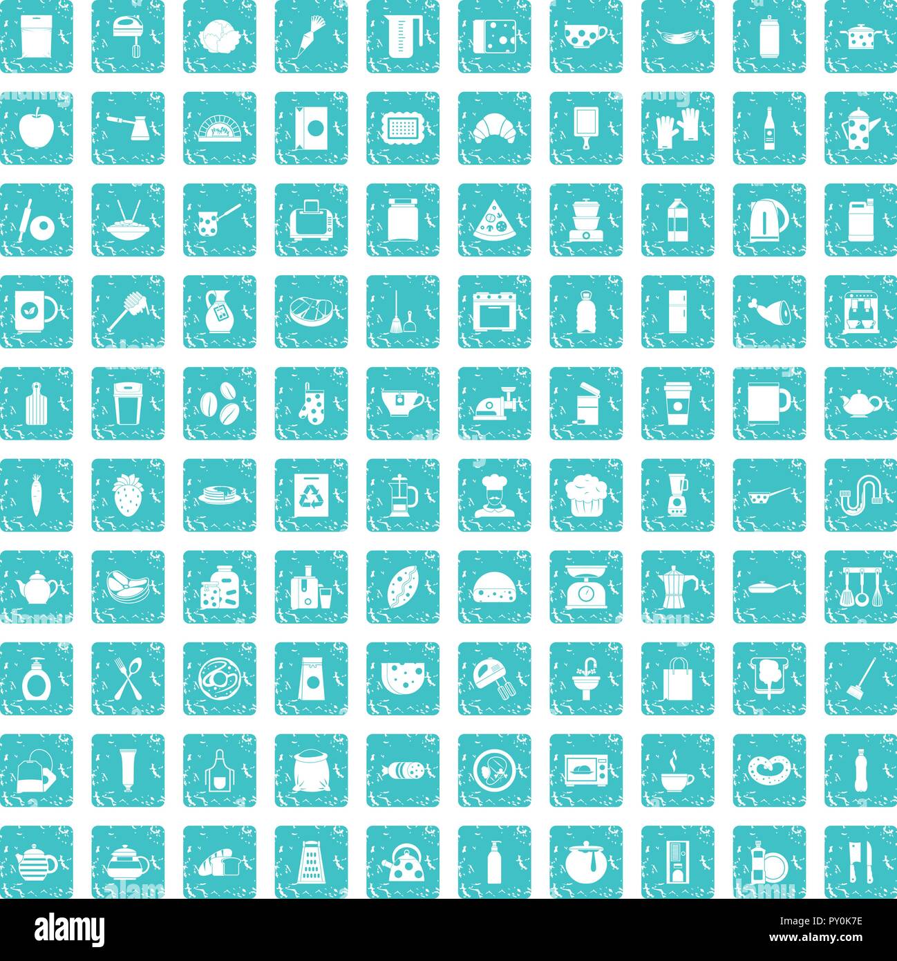 100 kitchen icons set grunge blue Stock Vector