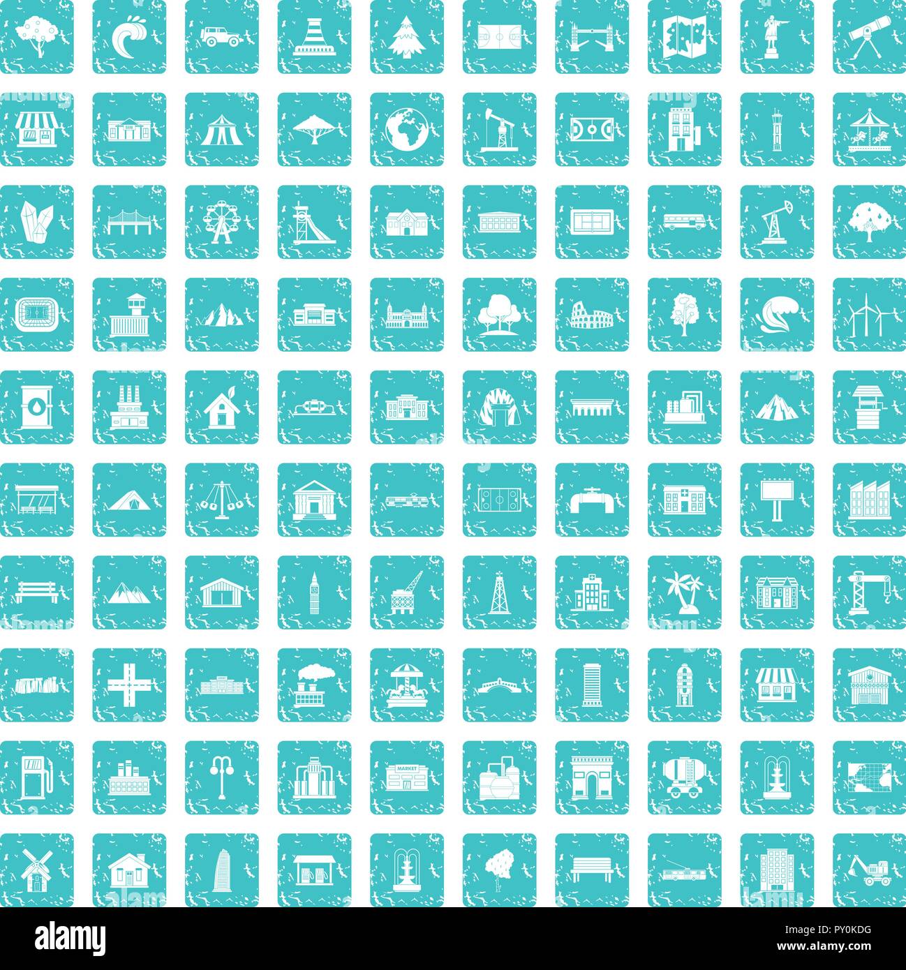 100 landscape element icons set grunge blue Stock Vector