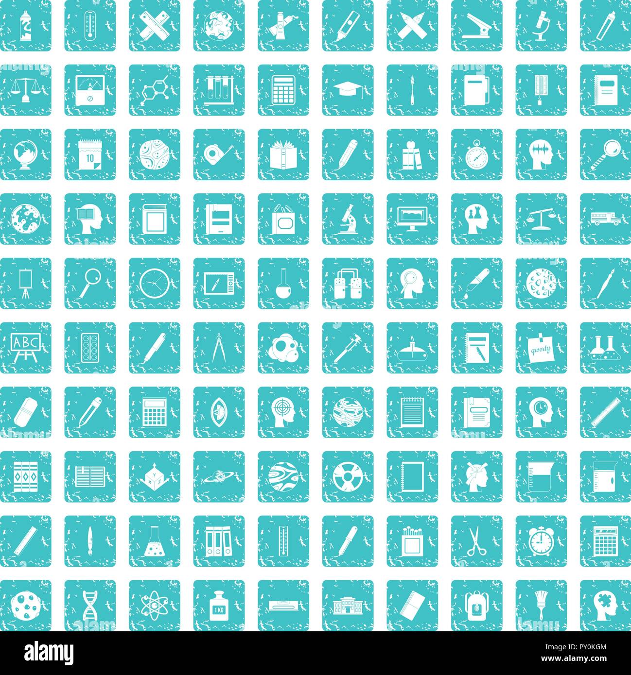 100 learning icons set grunge blue Stock Vector