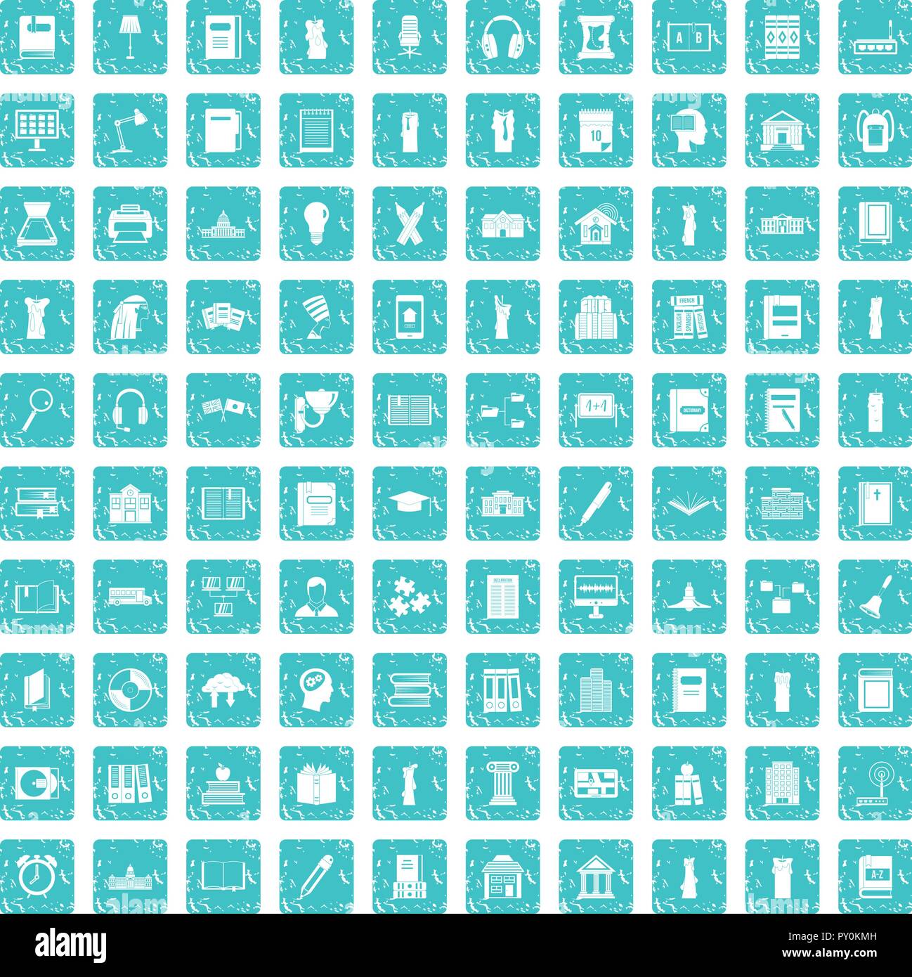 100 library icons set grunge blue Stock Vector