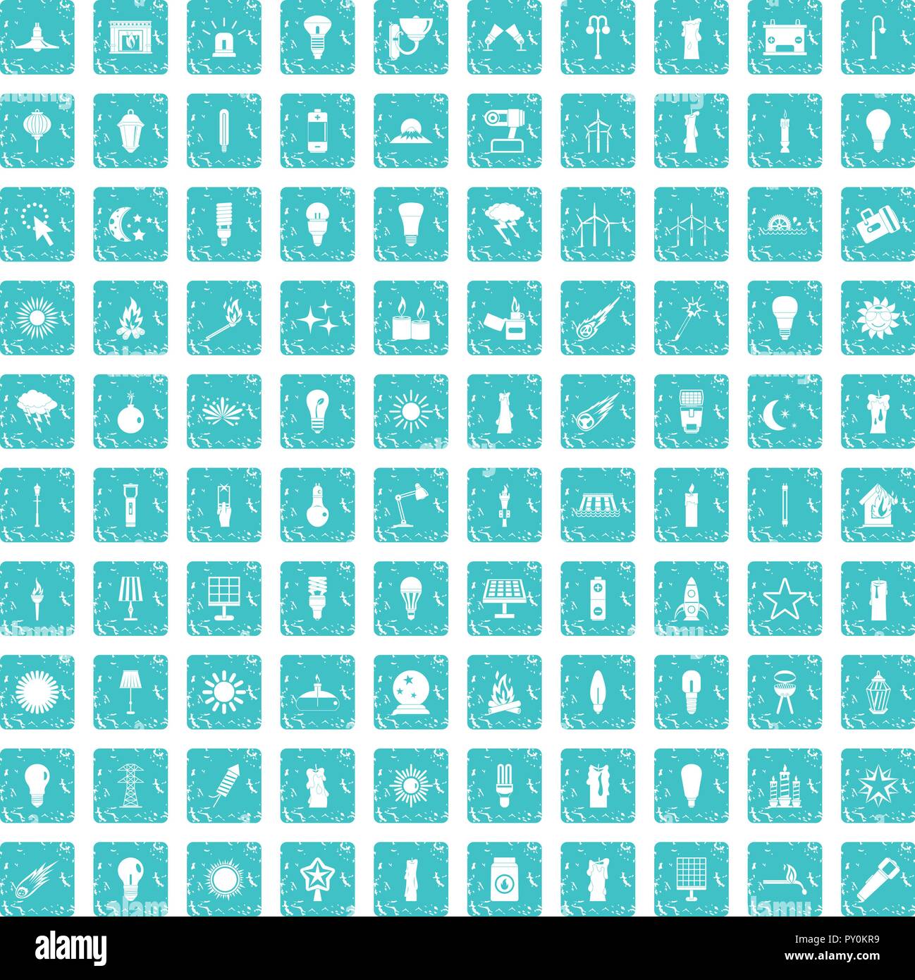 100 light source icons set grunge blue Stock Vector
