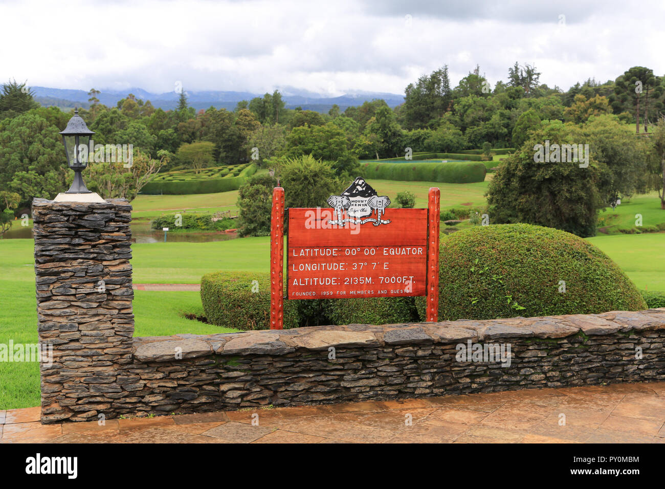 Sign at the Mount Kenya Safari Club located on the equator in East Africa. Now a Fairmont Hotel, it was once owned by actor William Holden. Stock Photo