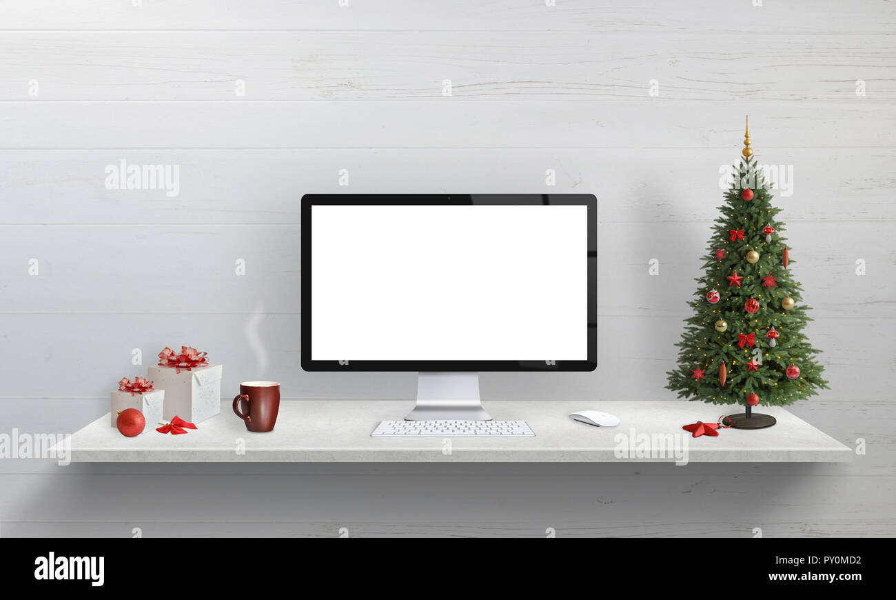 Computer Display Mockup On Office Desk With Christmas Holiday