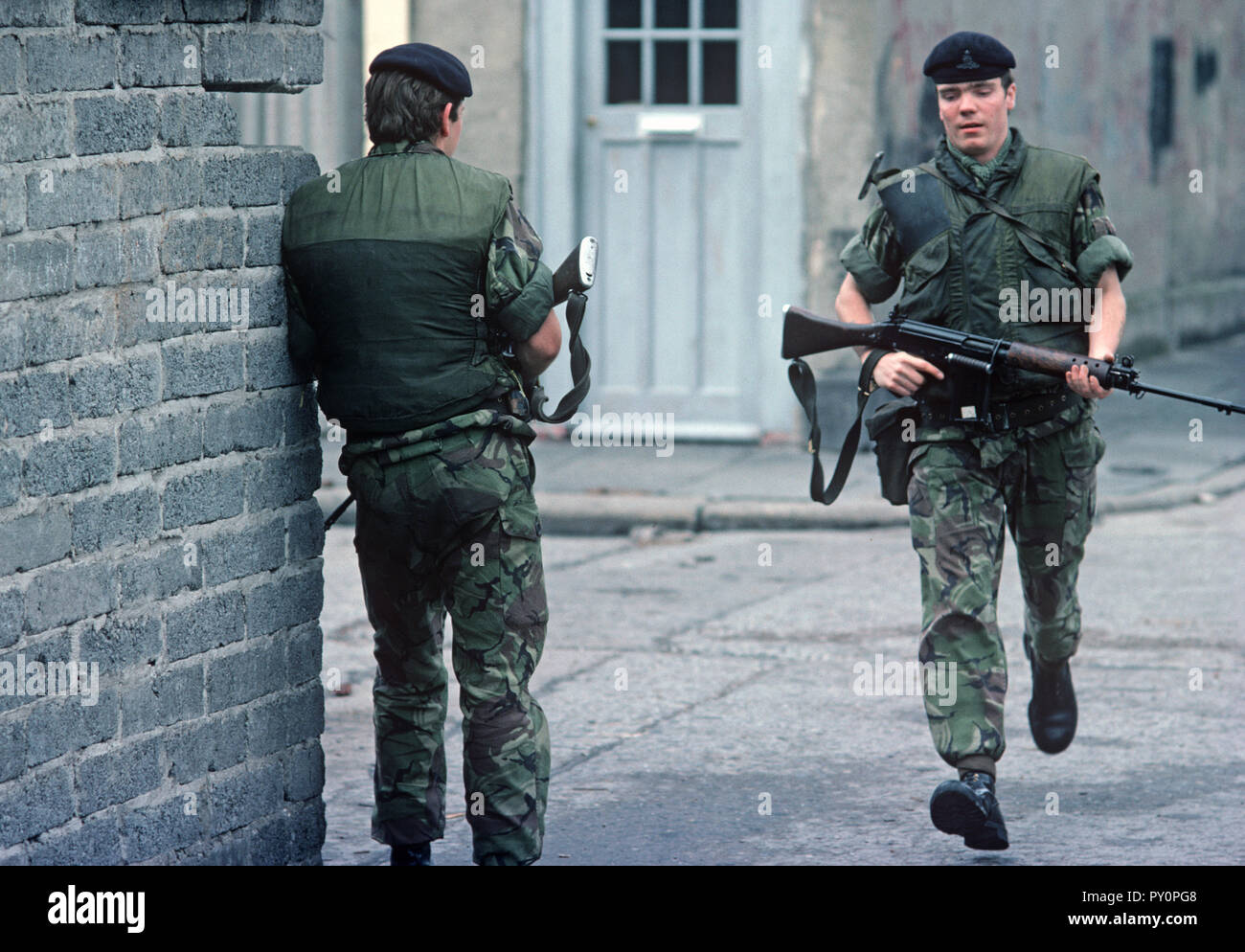 Belfast, 1974 British army soldiers on patrol in West Belfast a