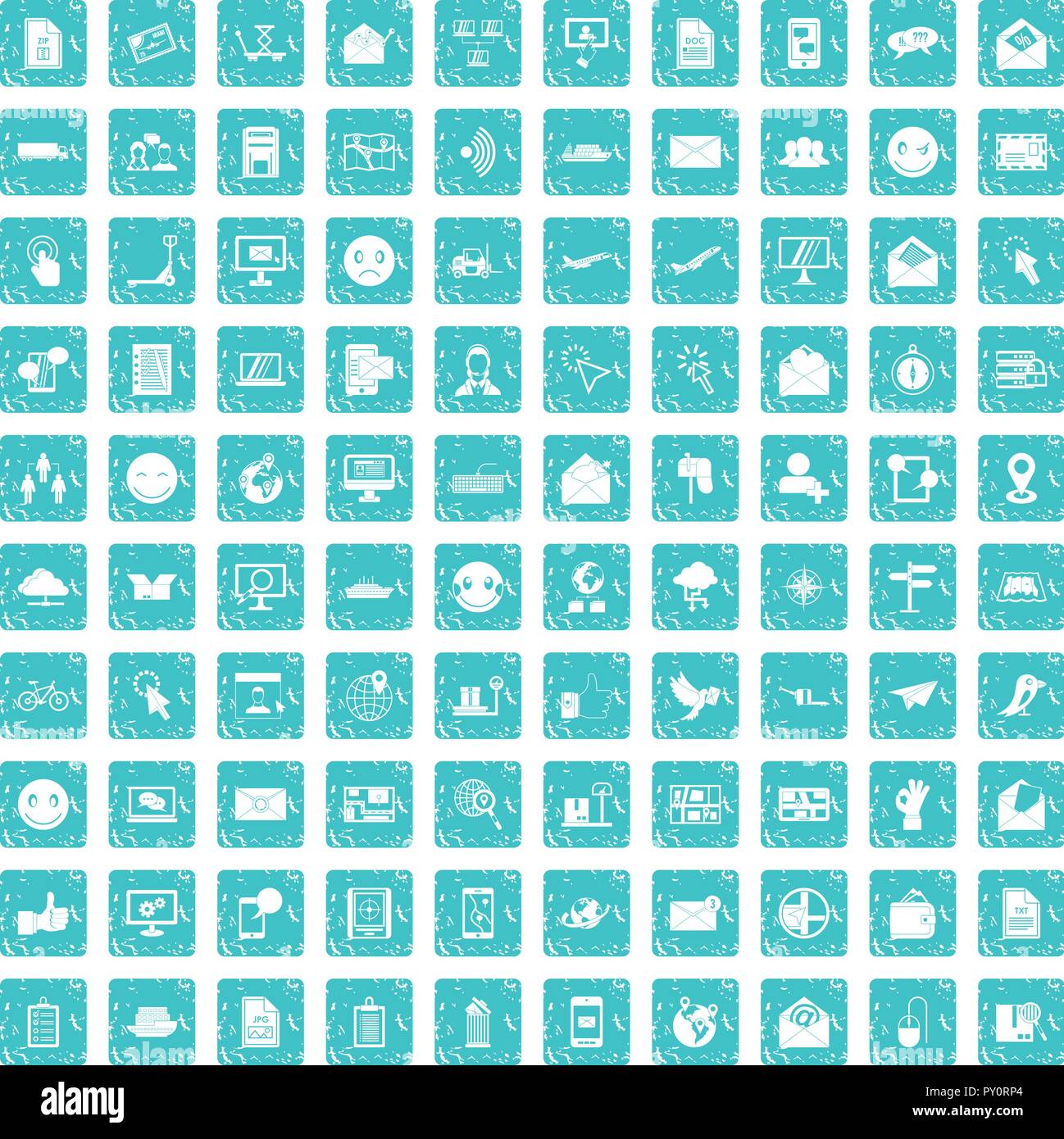 100 mail icons set grunge blue Stock Vector
