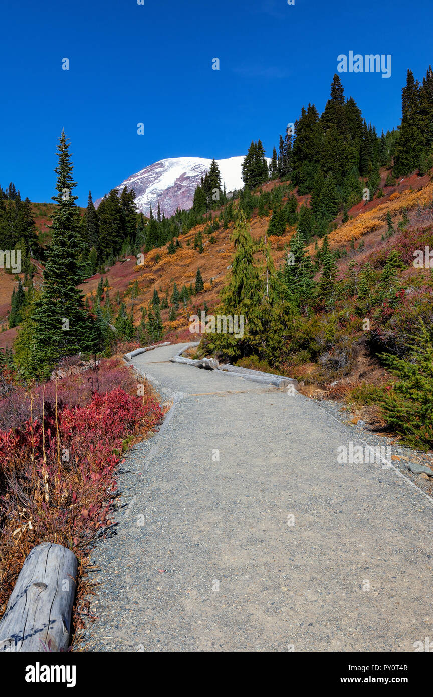 Fall hiking on Mt Rainier, Washington State Stock Photo