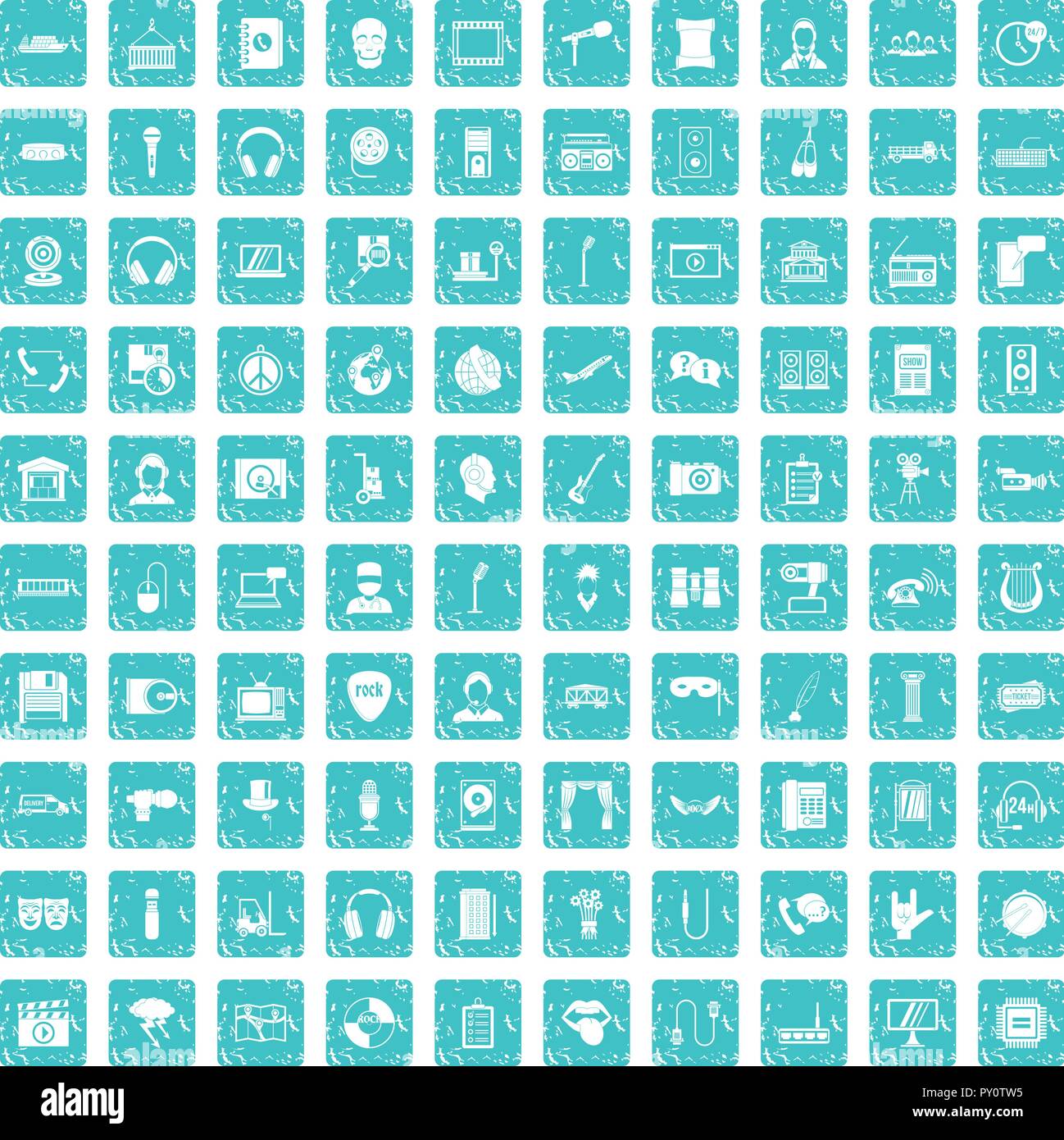 100 microphone icons set grunge blue Stock Vector