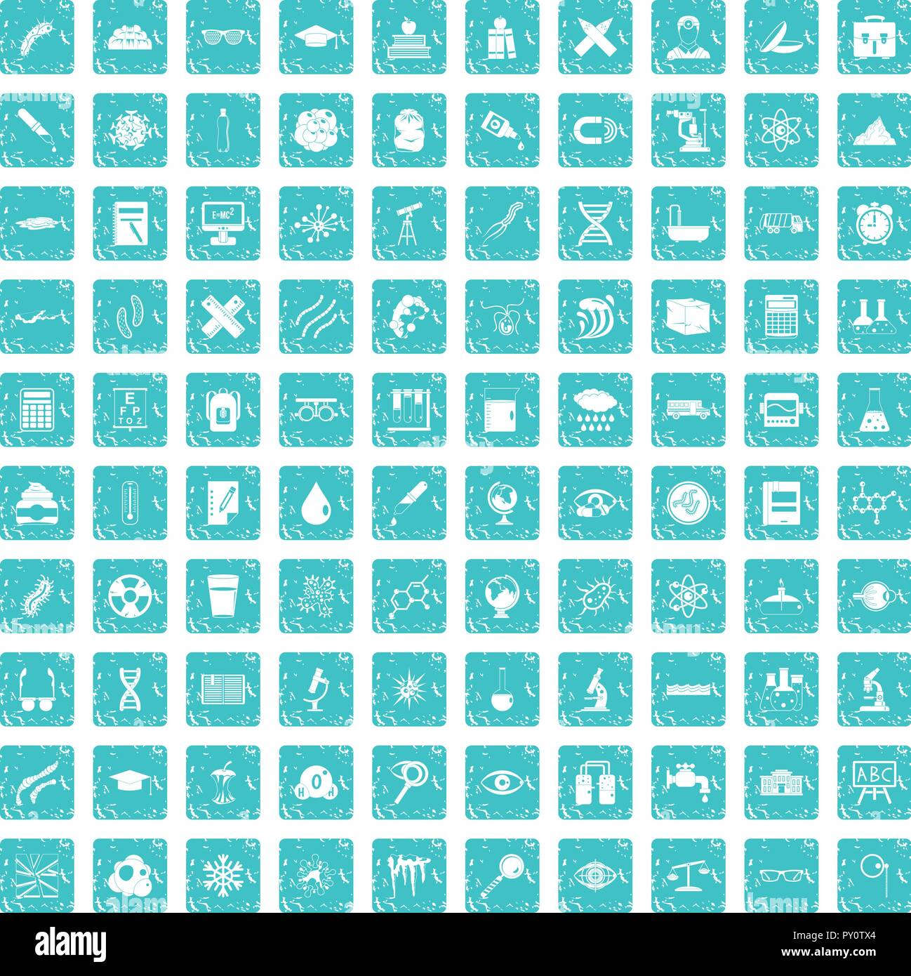 100 microscope icons set grunge blue Stock Vector