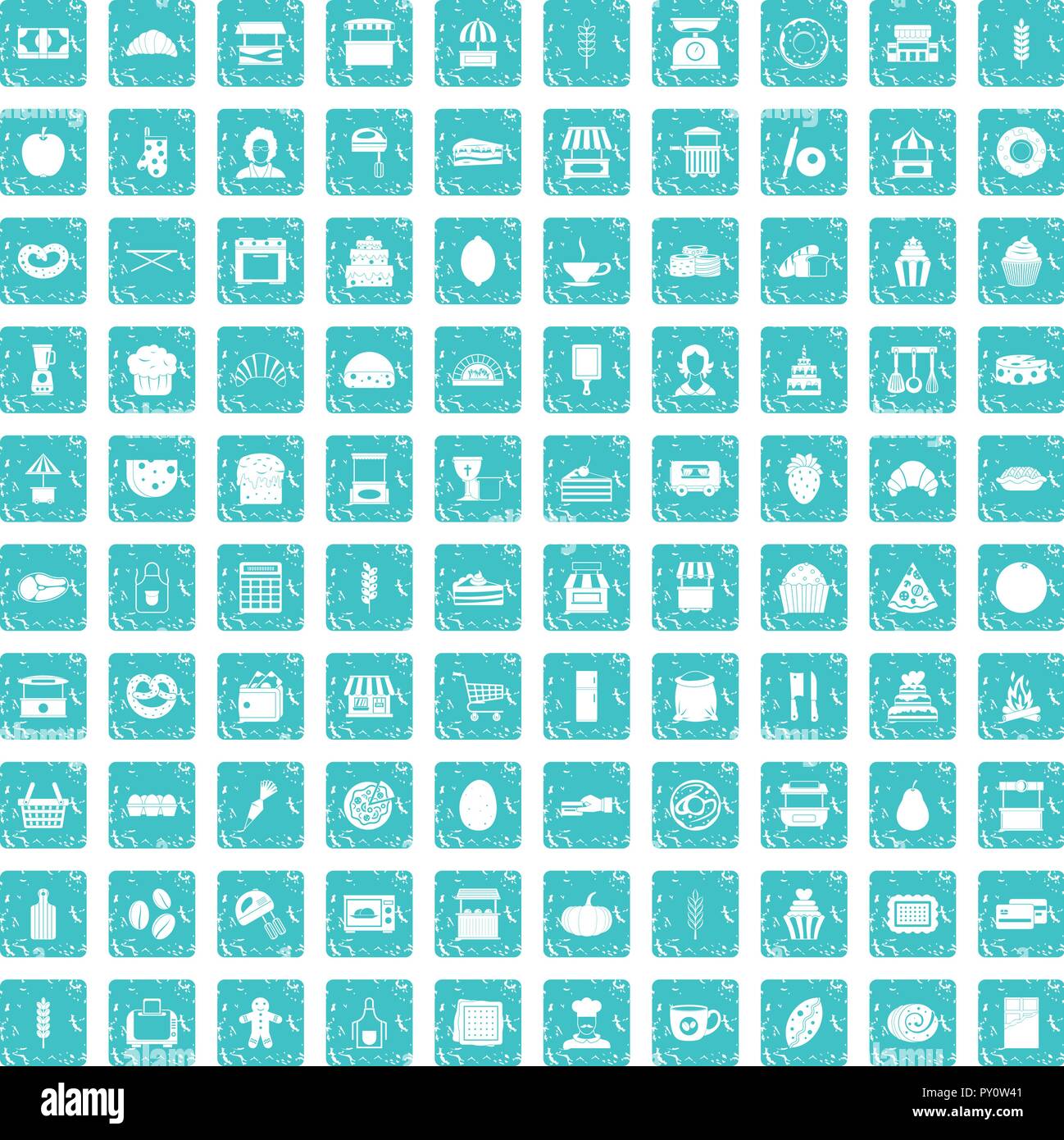 100 bakery icons set grunge blue Stock Vector
