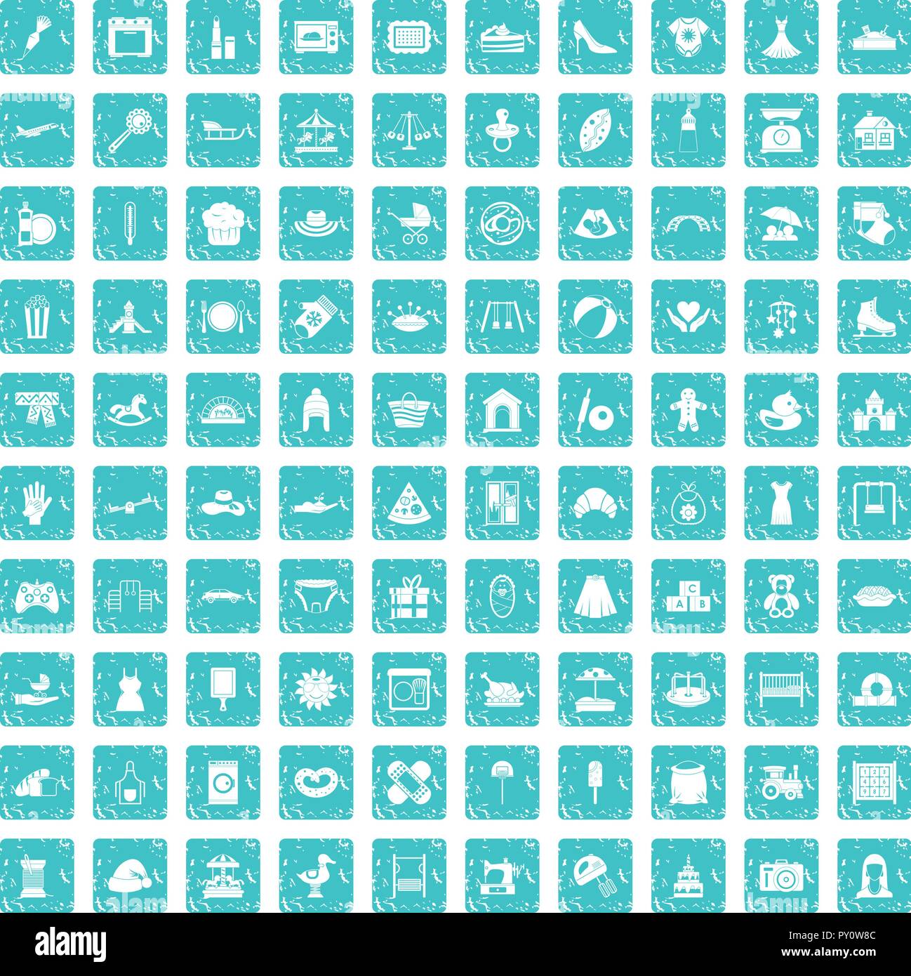 100 motherhood icons set grunge blue Stock Vector