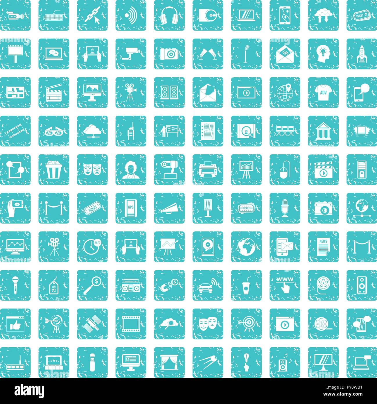 100 multimedia icons set grunge blue Stock Vector