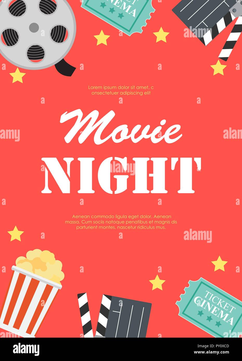 Cinema movie poster with film strip and pop corn. Movie night flyer  template. Retro ad cinema concept on old paper textured background. Vintage  vector Stock Vector Image & Art - Alamy