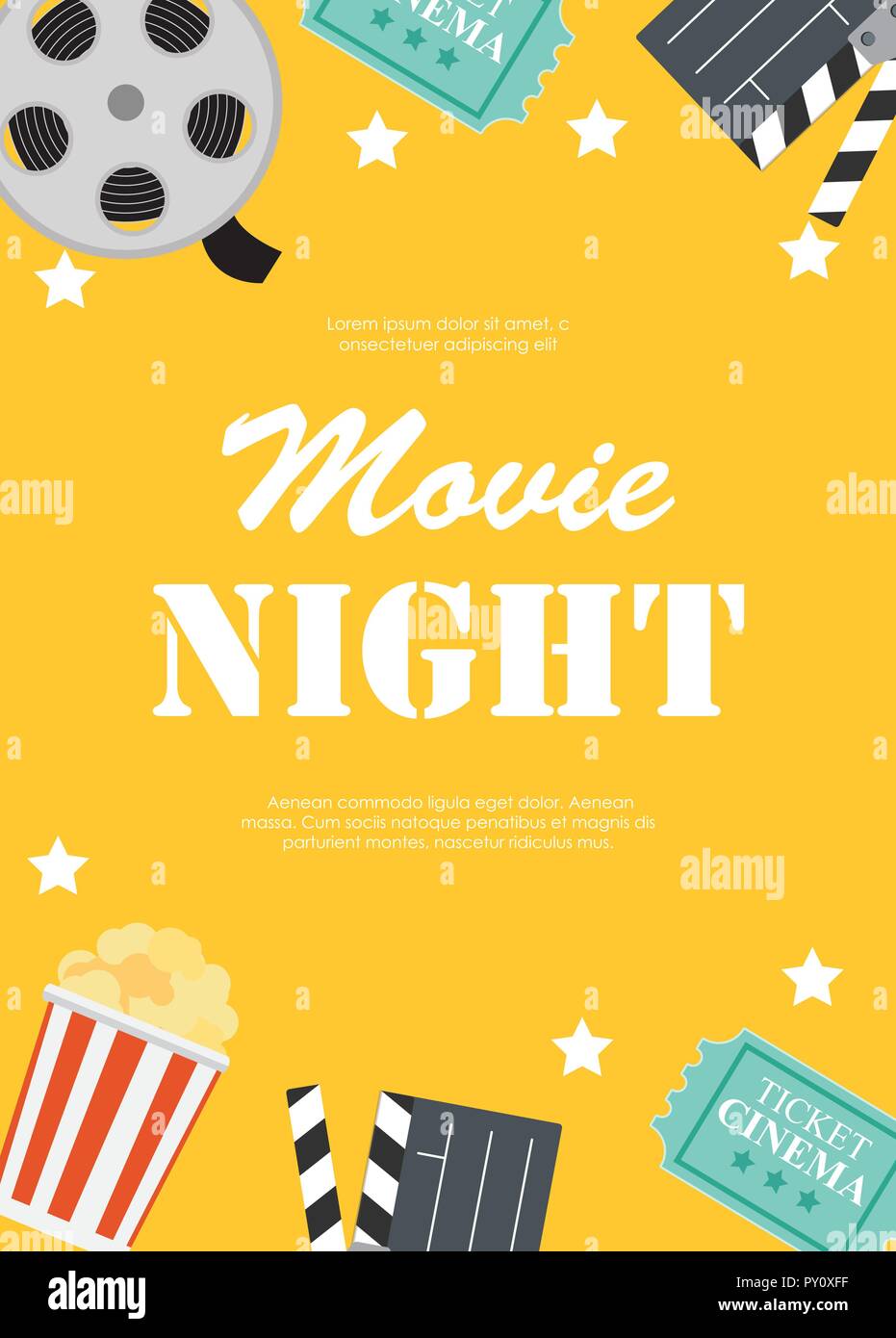 Abstract Movie Night Cinema Flat Background with Reel, Old Style Ticket ...