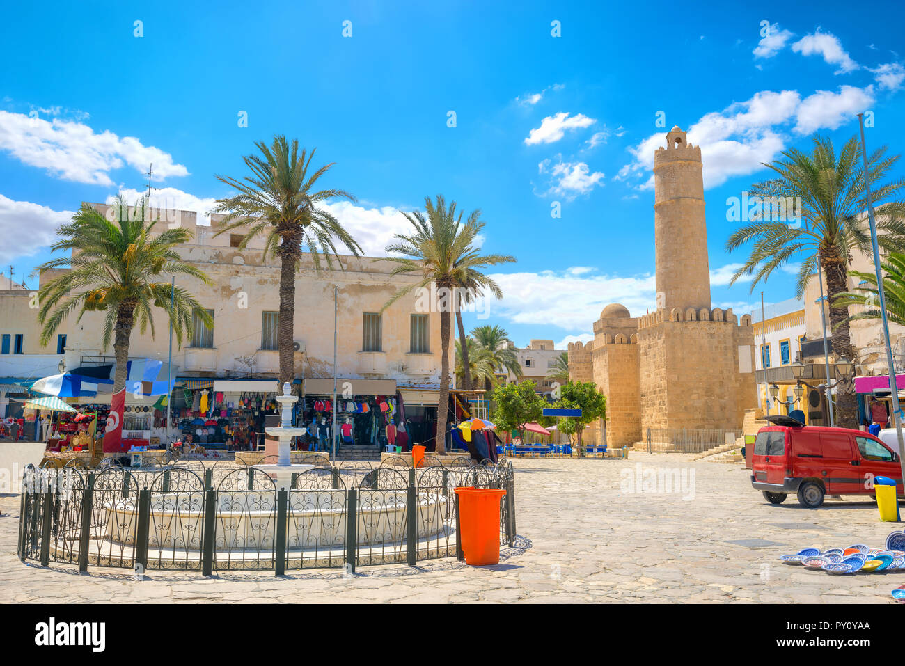 Cityscape with central square and view of ancient fortress Ribat in Sousse. Tunisia, North Africa Stock Photo