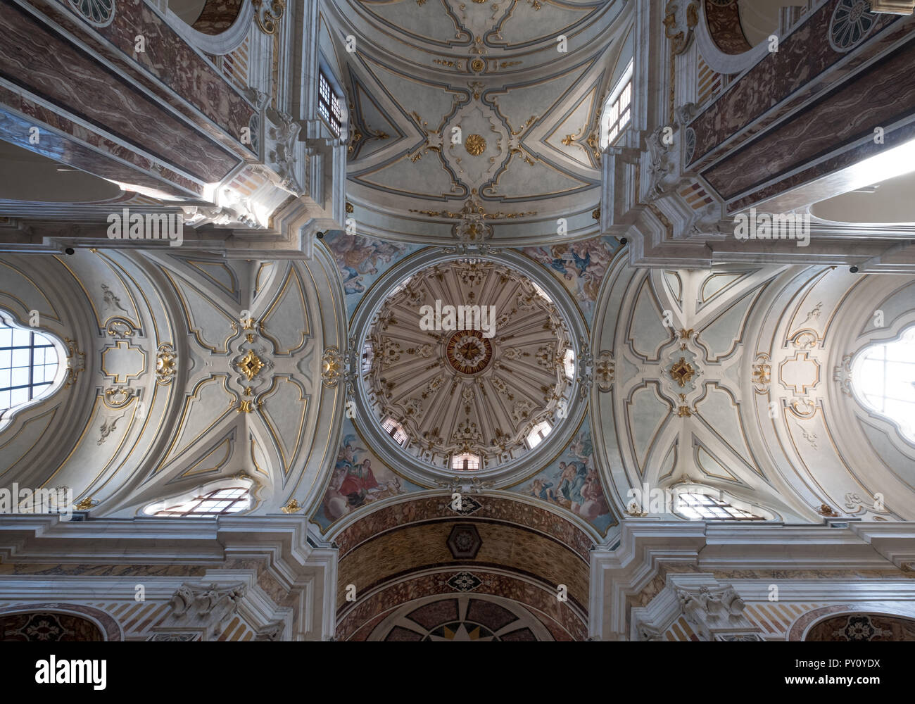 Partial interior view of ceiling of the Basilica Cattedrale Madonna della Madia in Monopoli, Puglia, Southern Italy. Stock Photo