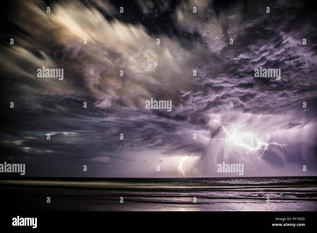 Lightning Storm over ocean, Gold Coast, Queensland, Australia Stock Photo