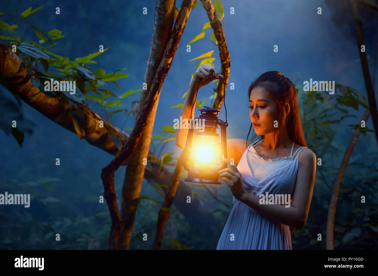 Woman standing in forest holding a lantern, Thailand Stock Photo