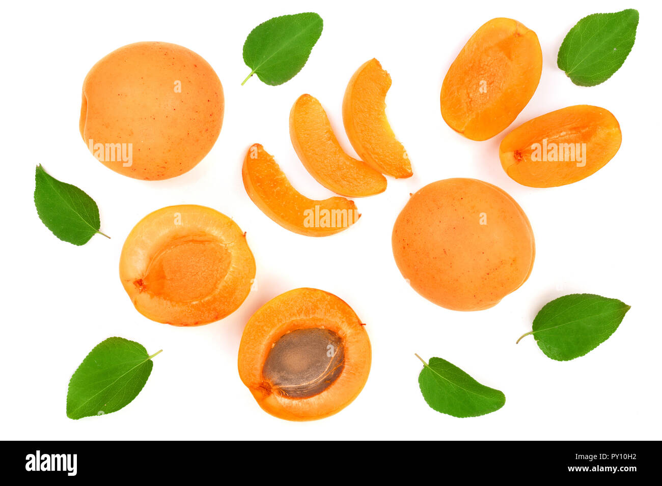 Apricot fruits with leaves isolated on white background. Top view. Flat lay pattern Stock Photo