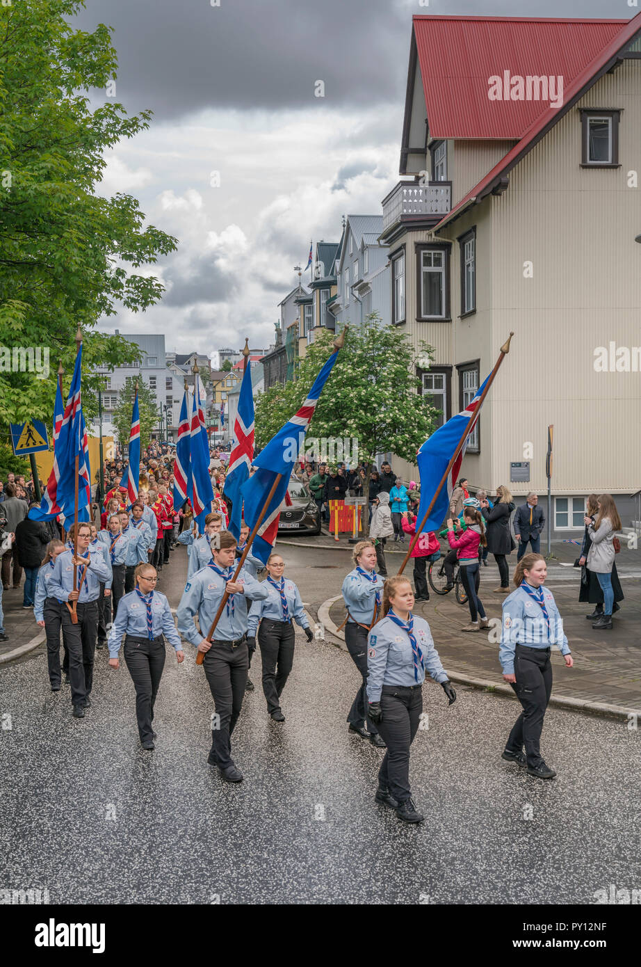 Iceland's Scouts taking part in the festivities of Independence day, June 17, Reykjavik, Iceland Stock Photo