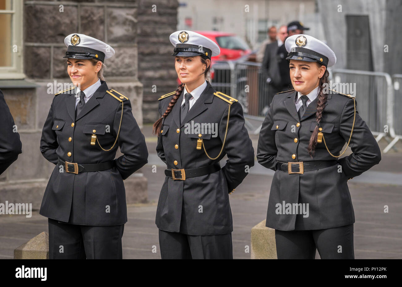 Female Icelandic police dressed in formal uniforms, during Iceland's Independence Day, Reykjavik, Iceland Stock Photo