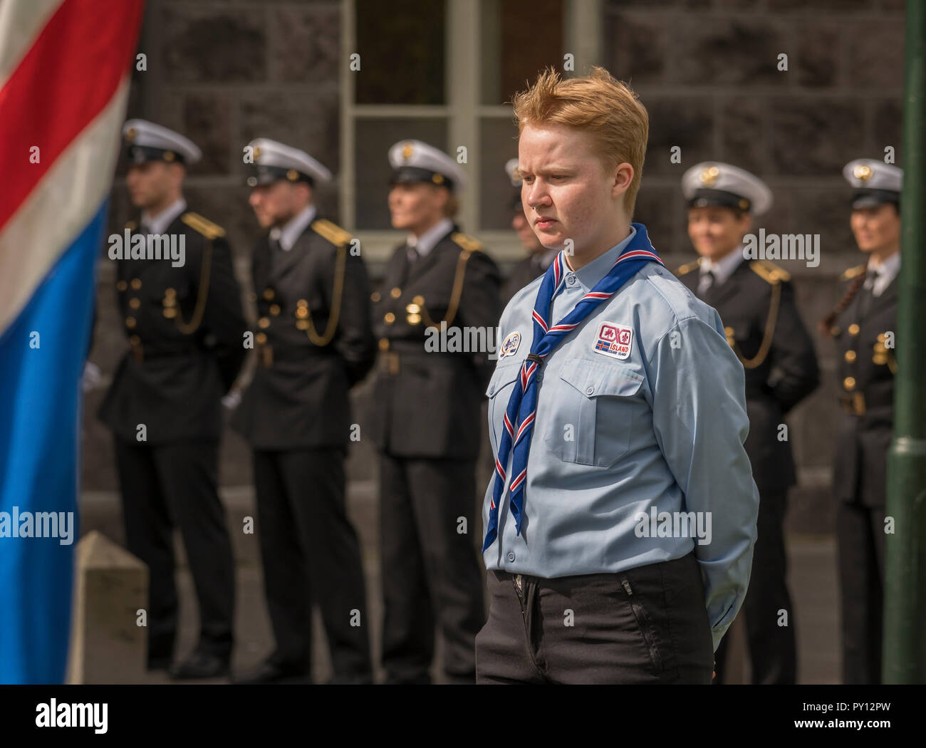 Iceland's Scout Independence day, Police officers in the background, June 17, Reykjavik, Iceland  Stock Photo
