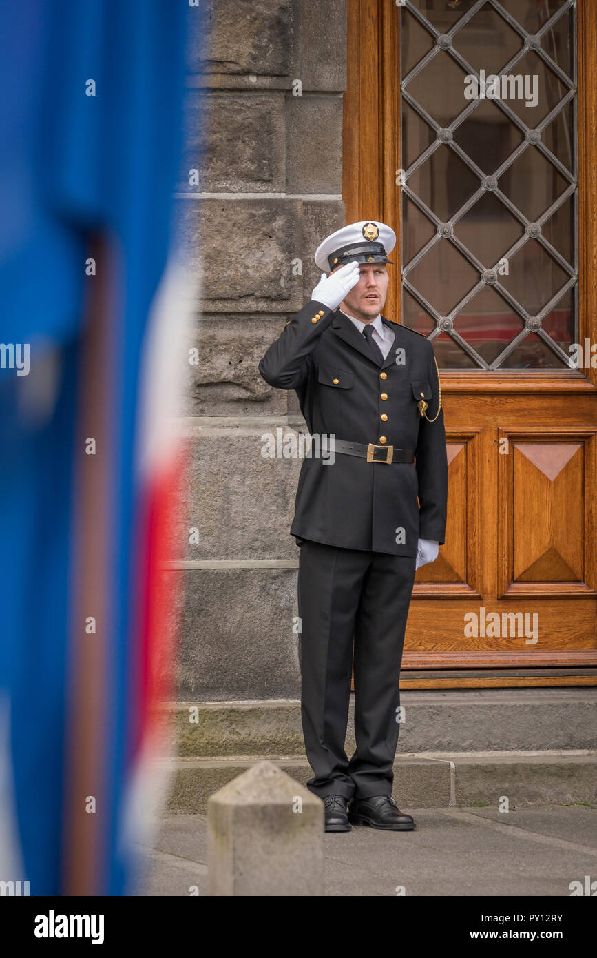 Police Officer In A Formal Uniform Saluting During Iceland S Independence Day Reykjavik Iceland Stock Photo Alamy