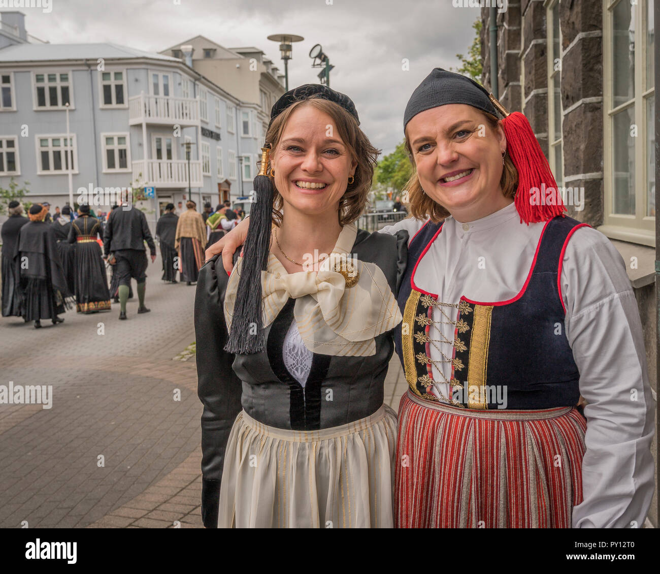 Women dressed in Iceland's national costume independence day, June 17th, Reykjavik, Iceland. Stock Photo